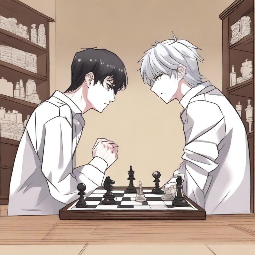 A manhwa-style scene featuring two people playing chess