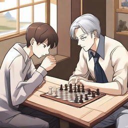 A manhwa-style scene featuring two people playing chess