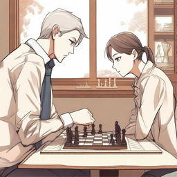 A manhwa-style scene featuring two people playing chess