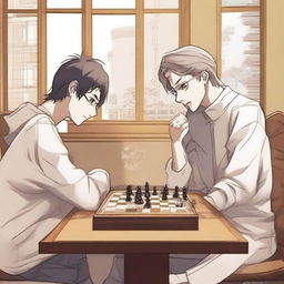 A manhwa-style scene featuring two people playing chess