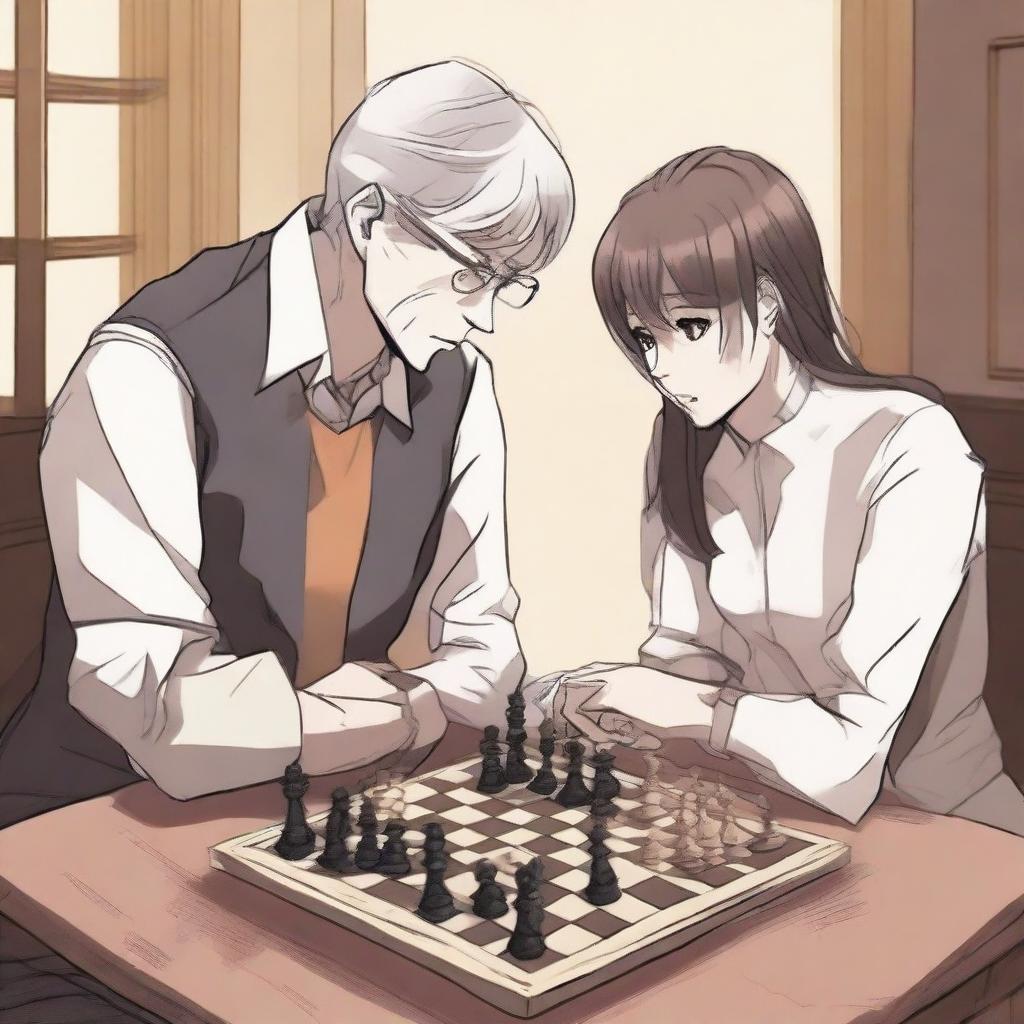 A manhwa-style scene featuring two people playing chess