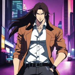 A badass 40-year-old anime man with dark brown long hair and black eyes