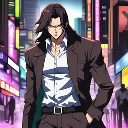 A badass 40-year-old anime man with dark brown long hair and black eyes