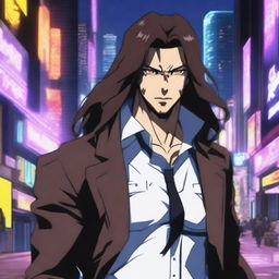 A badass 40-year-old anime man with dark brown long hair and black eyes