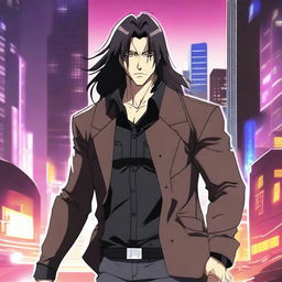 A badass 40-year-old anime man with dark brown long hair and black eyes