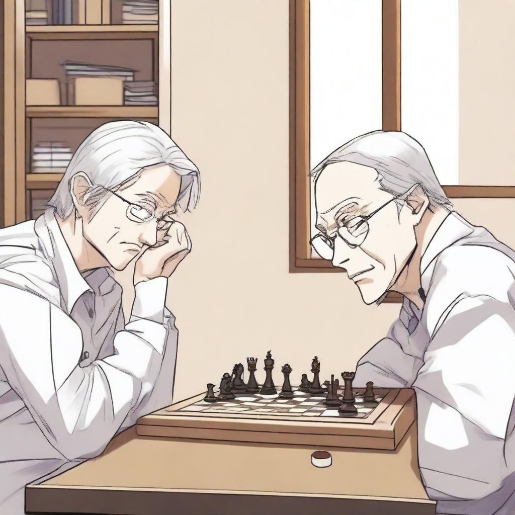 A manhwa-style scene featuring two people playing chess