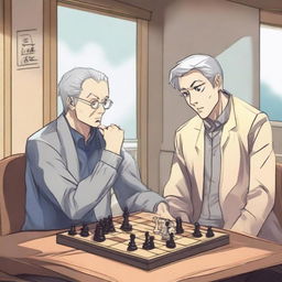 A manhwa-style scene featuring two people playing chess