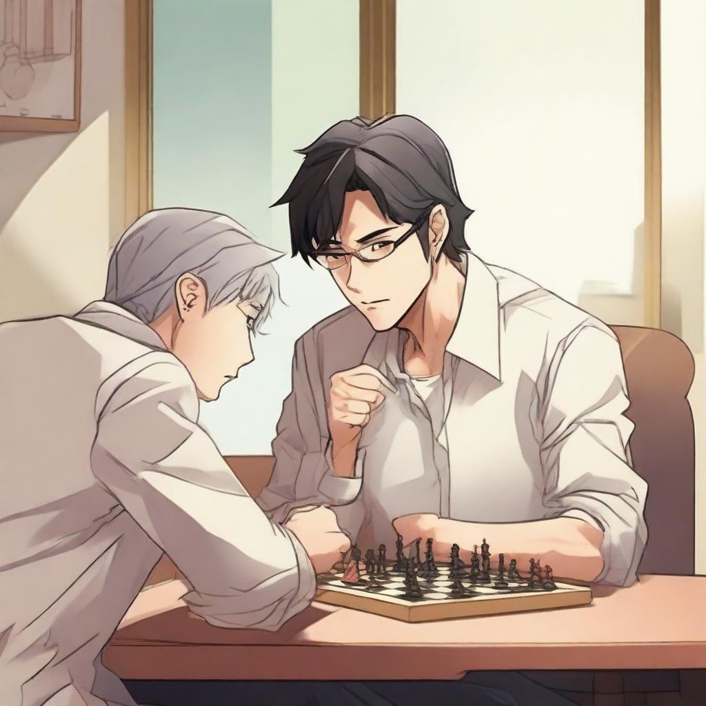 A manhwa-style scene featuring two people playing chess