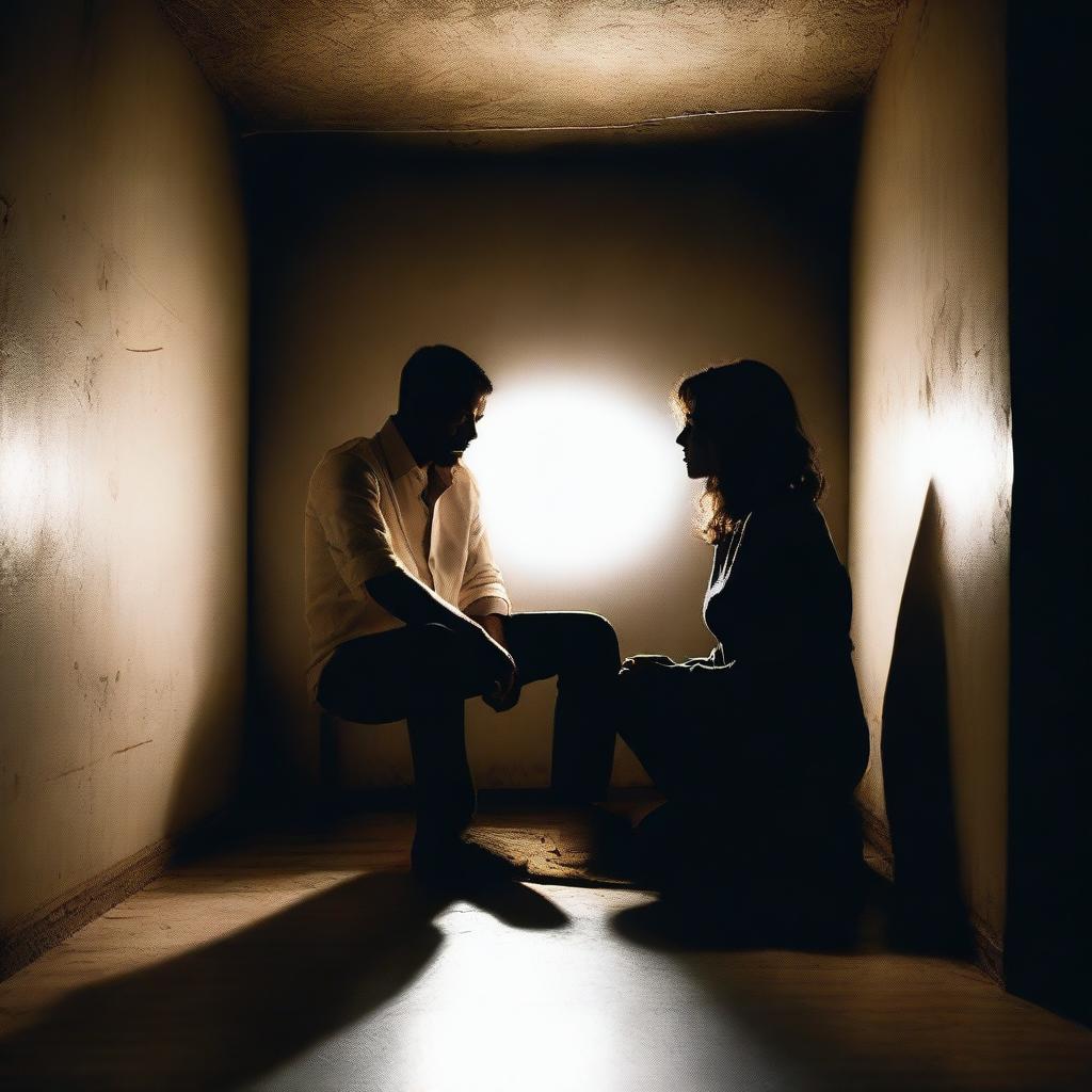 A man and a woman sitting on the floor in a dark room