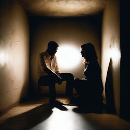 A man and a woman sitting on the floor in a dark room