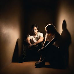 A man and a woman sitting on the floor in a dark room