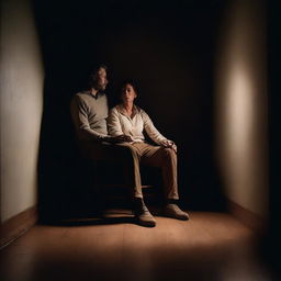 A man and a woman sitting on the floor in a dark room