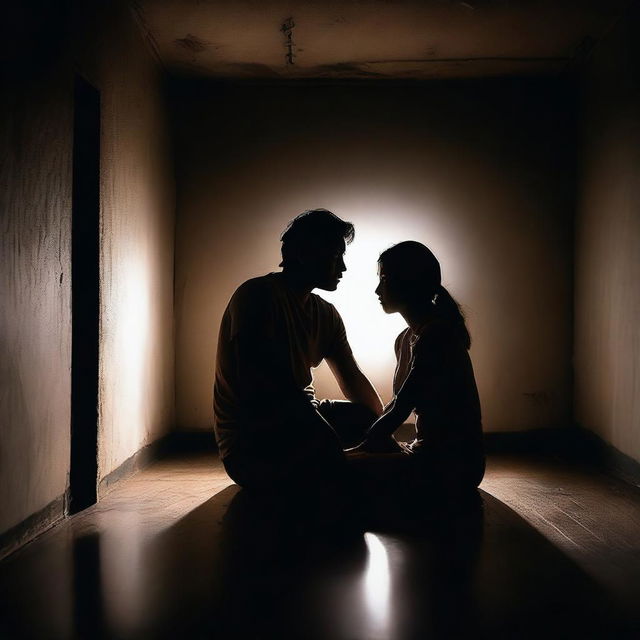 A man and a woman sitting on the floor in a dark room