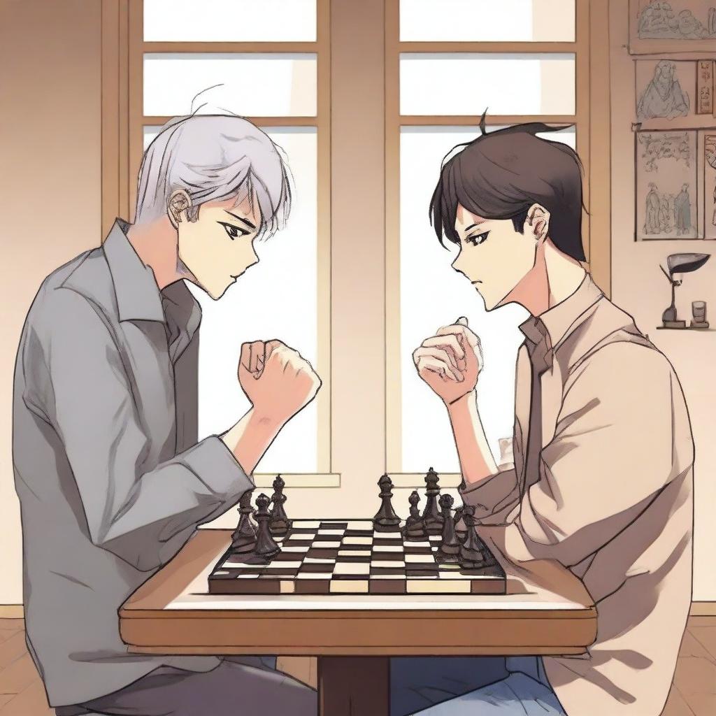 A manhwa-style scene featuring two people playing chess