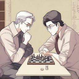 A manhwa-style scene featuring two people playing chess