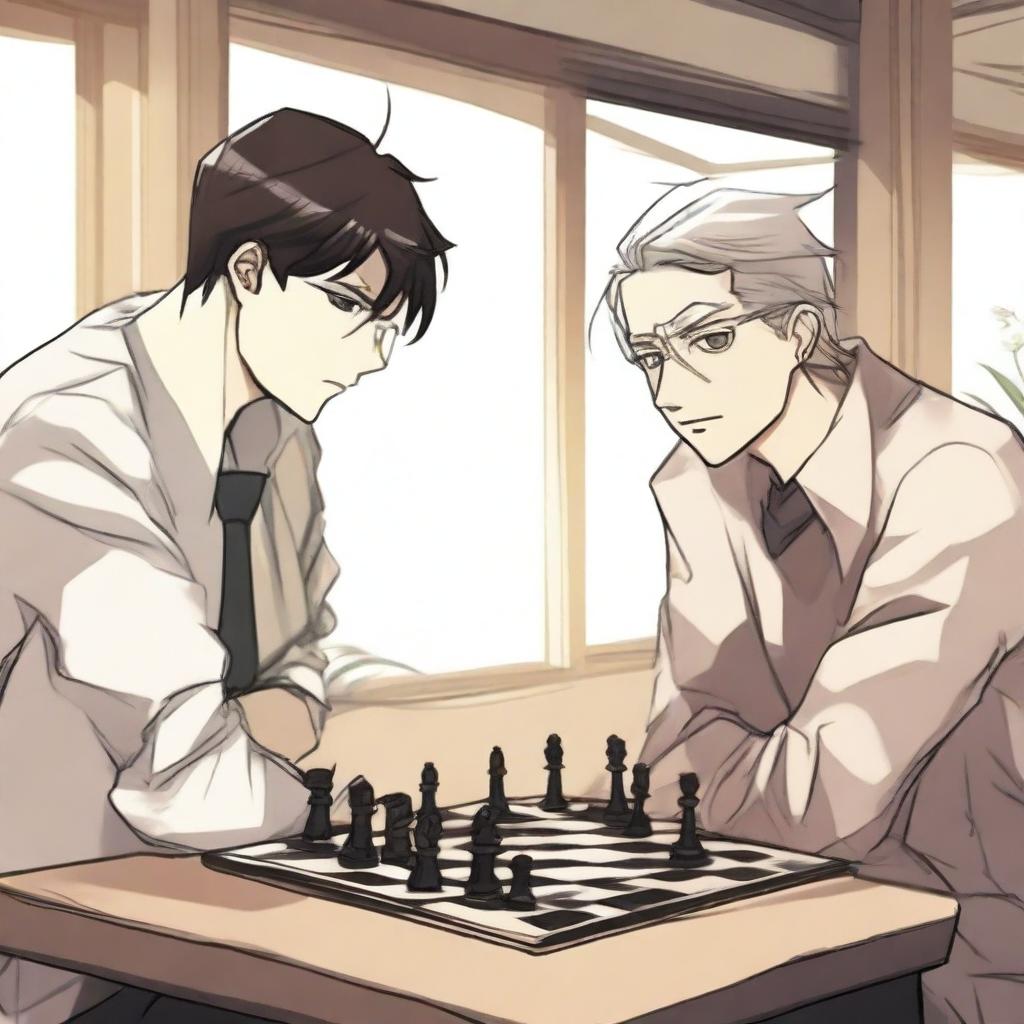 A manhwa-style scene featuring two people playing chess