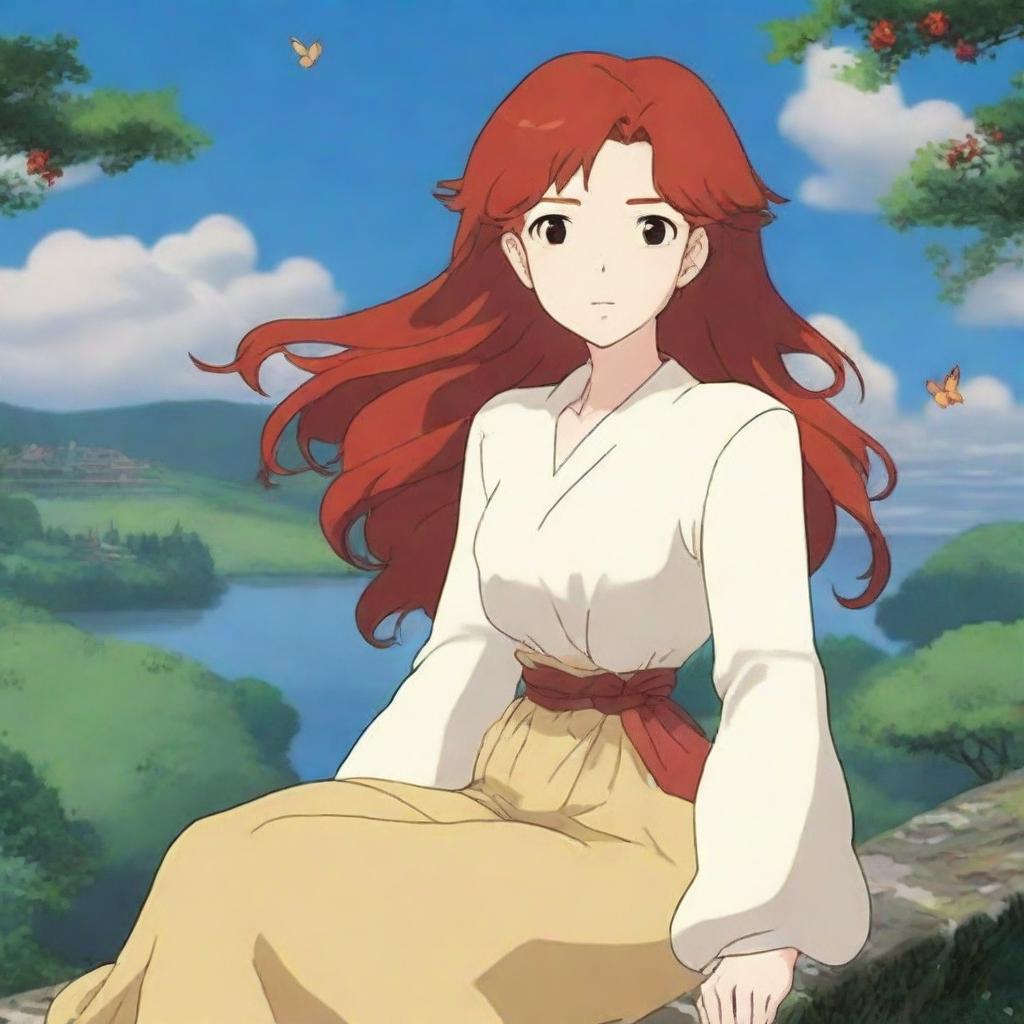 A stunningly beautiful 30-year-old anime female character with flowing red hair, honey-colored eyes, and a voluptuous figure