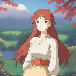 A stunningly beautiful 30-year-old anime female character with flowing red hair, honey-colored eyes, and a voluptuous figure