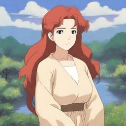 A stunningly beautiful 30-year-old anime female character with flowing red hair, honey-colored eyes, and a voluptuous figure