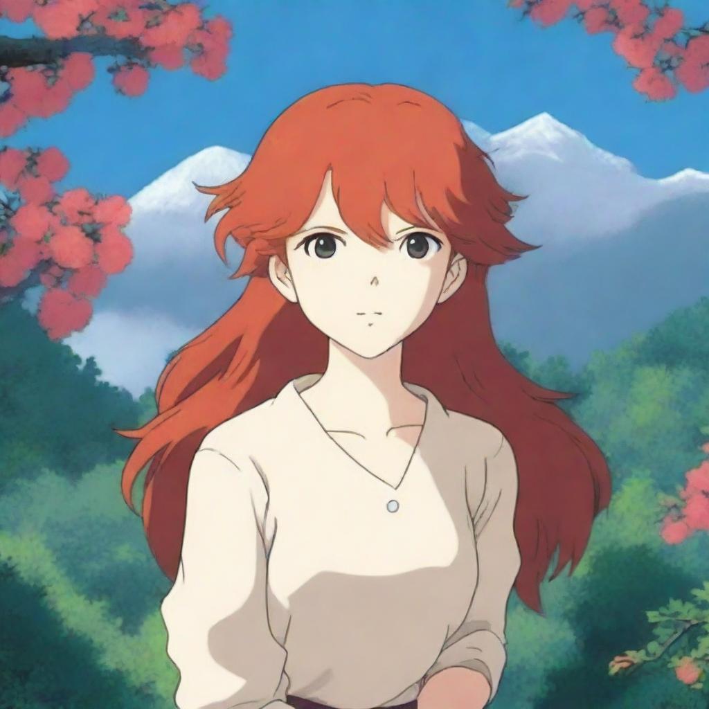 A stunningly beautiful 30-year-old anime female character with flowing red hair, honey-colored eyes, and a voluptuous figure