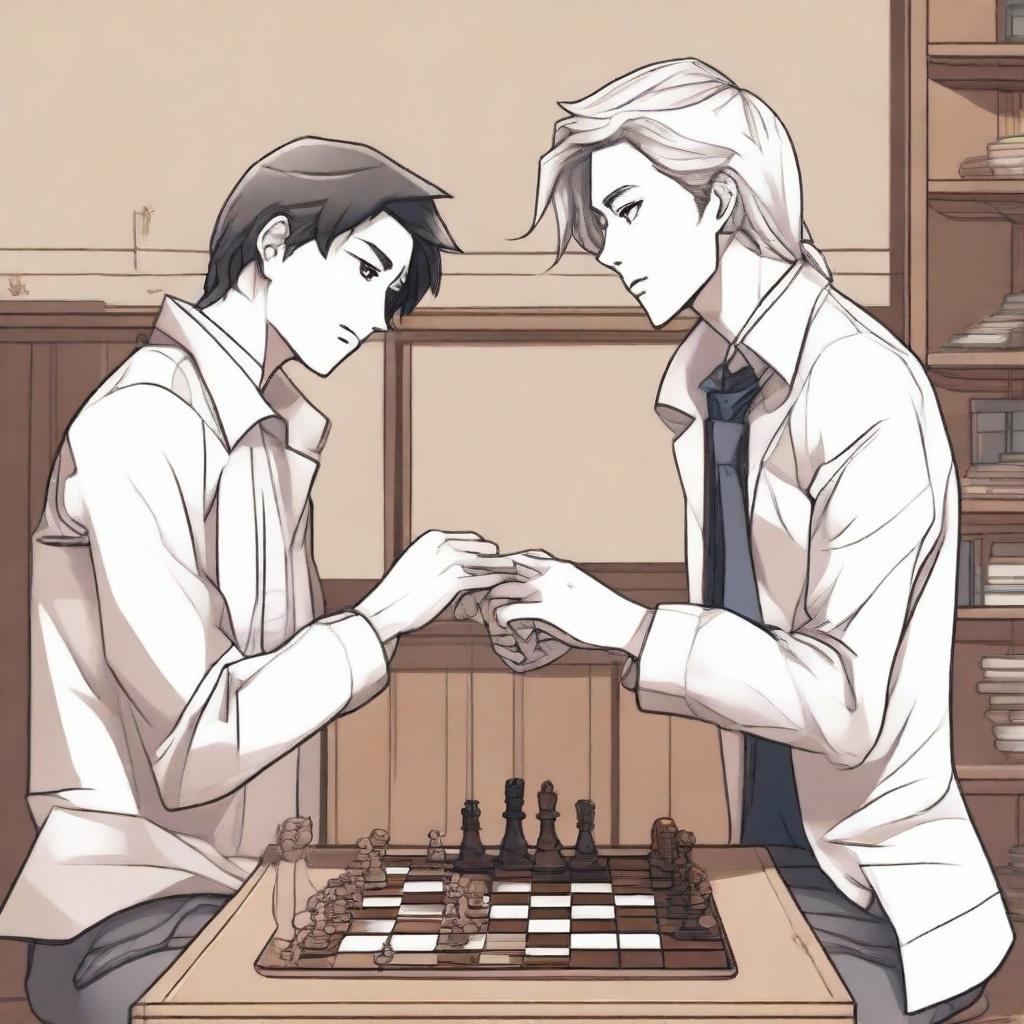 A manhwa-style scene featuring two people playing chess