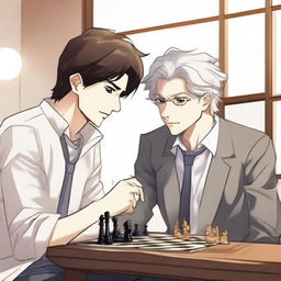 A manhwa-style scene featuring two people playing chess