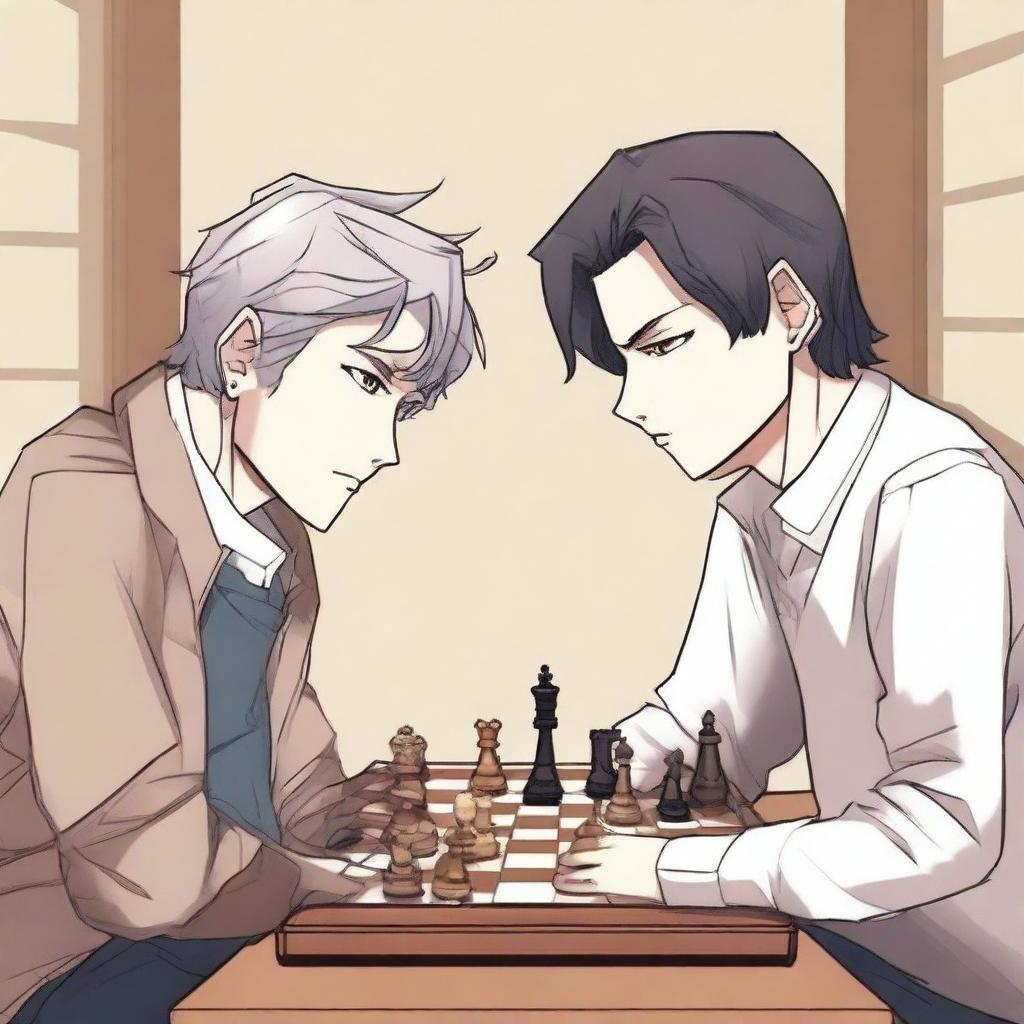 A manhwa-style scene featuring two people playing chess