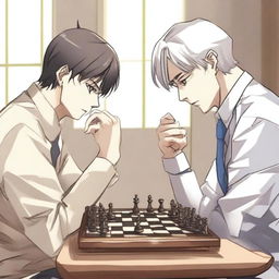 A manhwa-style scene featuring two people playing chess