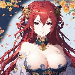 A stunningly beautiful 30-year-old anime female with red hair, honey eyes, and a curvaceous figure