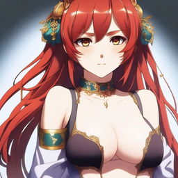 A stunningly beautiful 30-year-old anime female with red hair, honey eyes, and a curvaceous figure