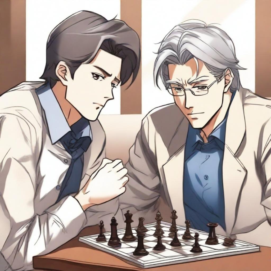 A manhwa-style scene featuring two people playing chess