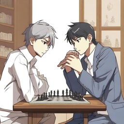 A manhwa-style scene featuring two people playing chess