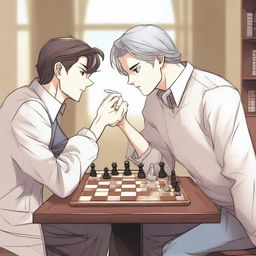 A manhwa-style scene featuring two people playing chess