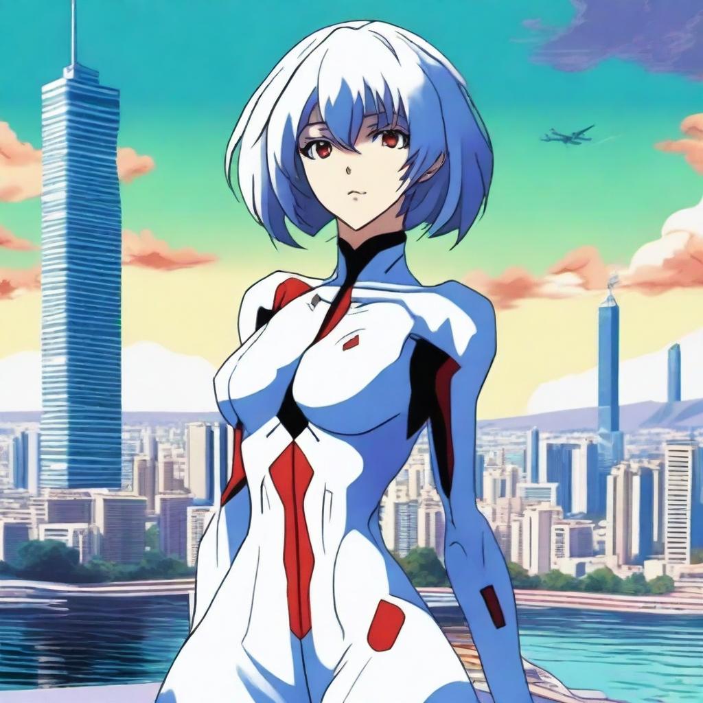 Create an image of Rei Ayanami from Neon Genesis Evangelion in the city of Baku