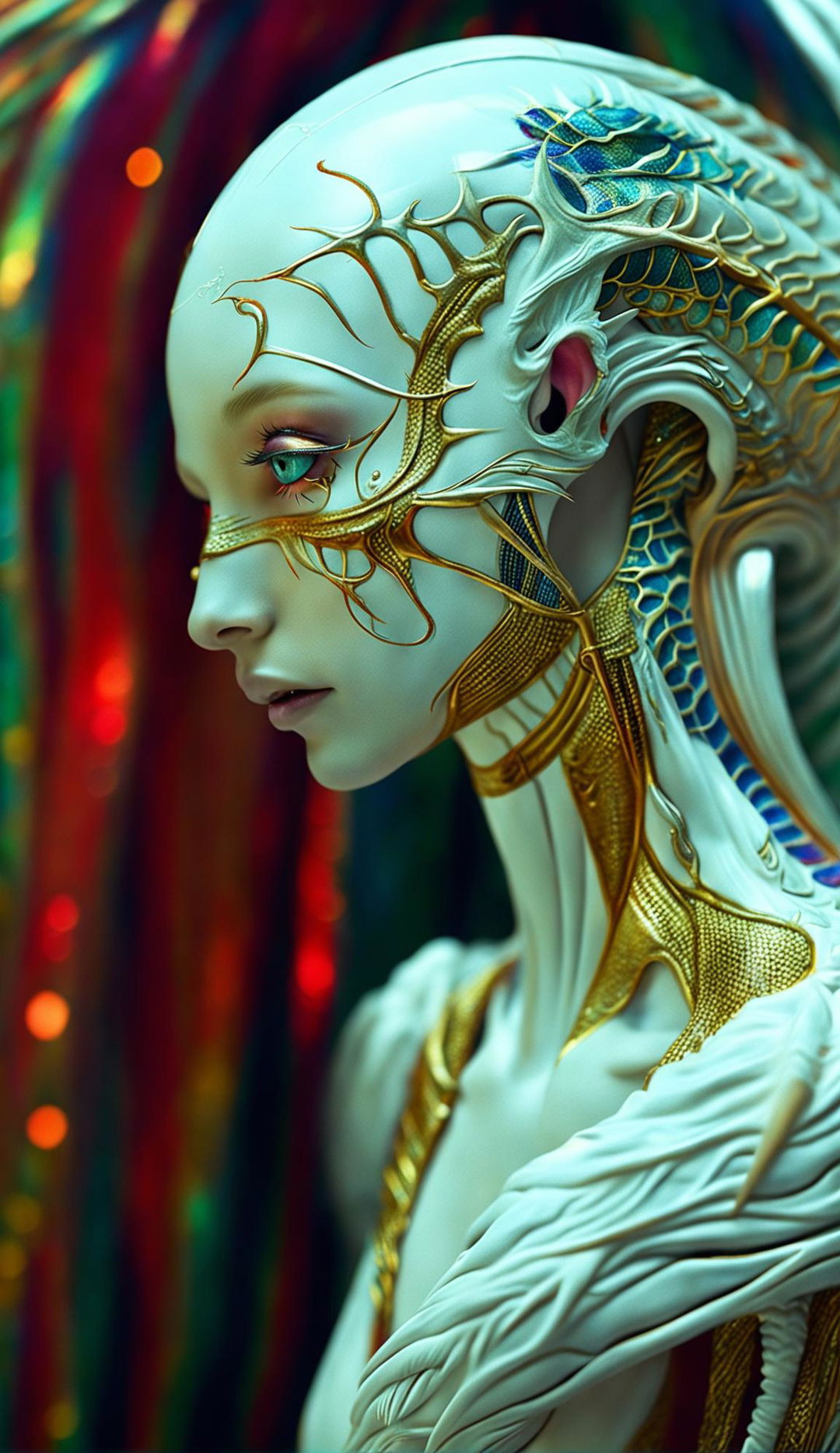 A beautiful alien with humanoid features, red irises, white dragon-like skin, gold eyelashes and lips is captured in a side profile. Her hair is made of peacock feathers and golden veins are visible beneath her skin. Rubies are embedded in her elongated head and her fingers are gold and white. She has extremely sharp high cheekbones.