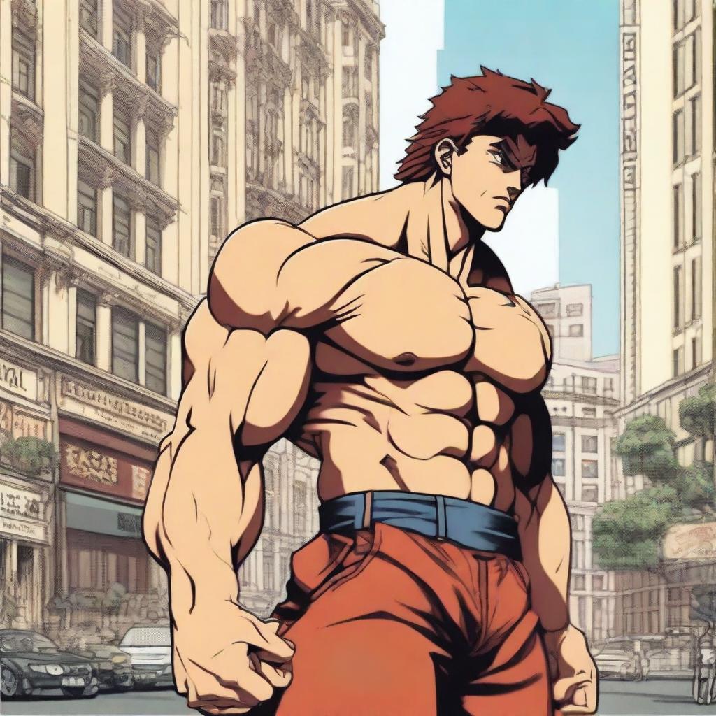 A detailed anime-style illustration of the character Baki standing in the bustling streets of Baku, Azerbaijan