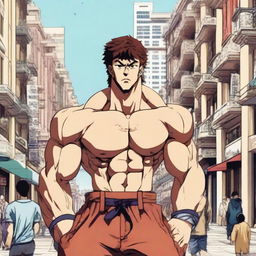 A detailed anime-style illustration of the character Baki standing in the bustling streets of Baku, Azerbaijan