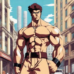 A detailed anime-style illustration of the character Baki standing in the bustling streets of Baku, Azerbaijan