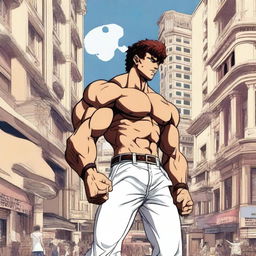 A detailed anime-style illustration of the character Baki standing in the bustling streets of Baku, Azerbaijan