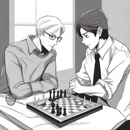 A manhwa-style scene featuring two people playing chess