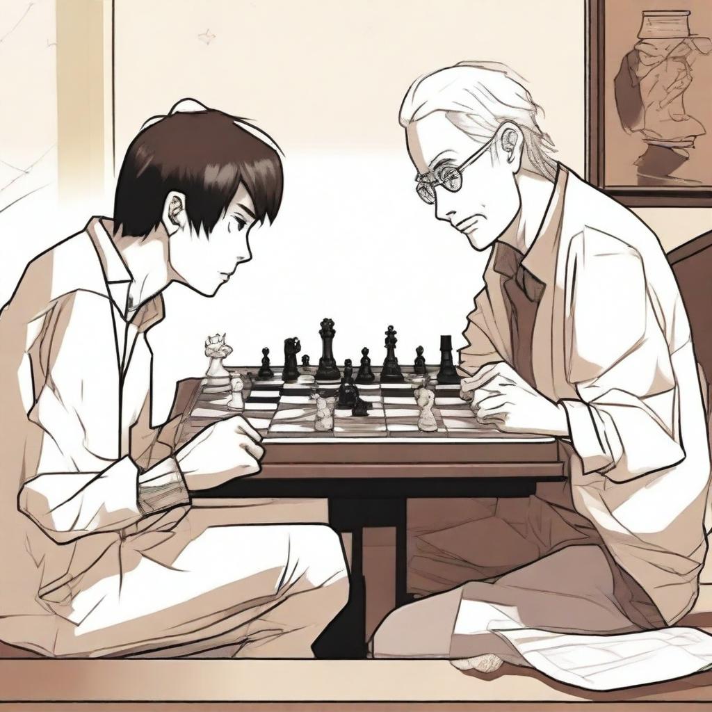 A manhwa-style scene featuring two people playing chess