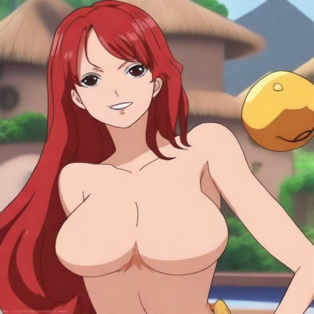 A stunningly beautiful 30-year-old anime female with red hair, honey eyes, and a voluptuous figure