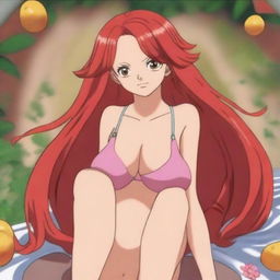 A stunningly beautiful 30-year-old anime female with red hair, honey eyes, and a voluptuous figure