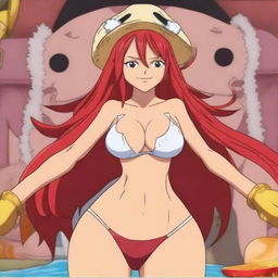 A stunningly beautiful 30-year-old anime female with red hair, honey eyes, and a voluptuous figure