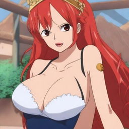 A stunningly beautiful 30-year-old anime female with red hair, honey eyes, and a voluptuous figure