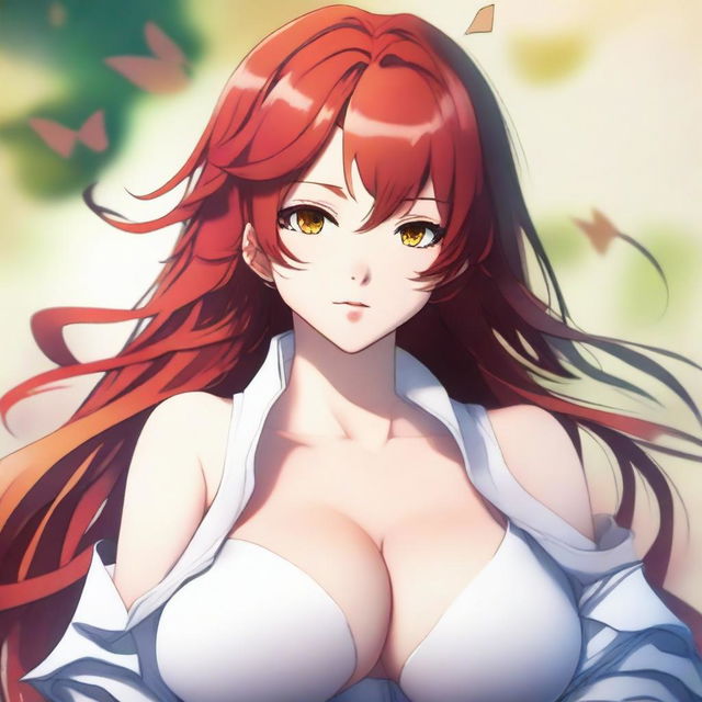 Create an image of a stunningly beautiful 30-year-old anime female with red hair, honey-colored eyes, and a voluptuous figure