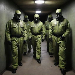 The Nuclearpunk Mafia, menacing gangsters in radiation-proof uniforms, controlling nuclear waste smuggling operations, stationed in fortified bunkers and armed with weapons harnessing the power of radioactive isotopes