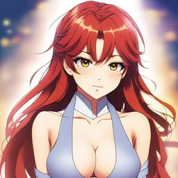 Create an image of a stunningly beautiful 30-year-old anime female with red hair, honey-colored eyes, and a voluptuous figure