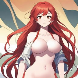 Create an image of a stunningly beautiful 30-year-old anime female with red hair, honey-colored eyes, and a voluptuous figure