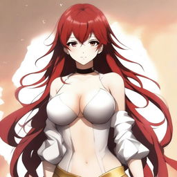 Create an image of a stunningly beautiful 30-year-old anime female with red hair, honey-colored eyes, and a voluptuous figure